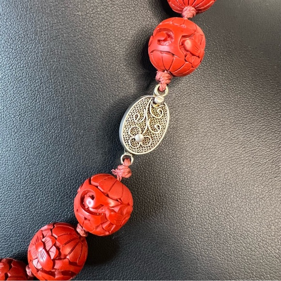 Vintage Authentic Cinnabar Set of Necklace, Bangle Bracelet & Pierced Earrings - Picture 13 of 14